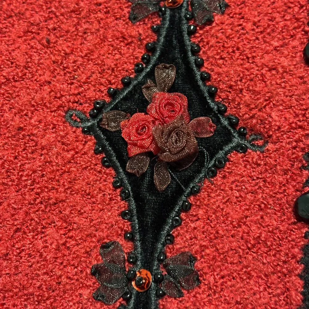 Koret Red Wool Vest L Beaded Rose Applique Holiday Christmas Party Festive VTG‎